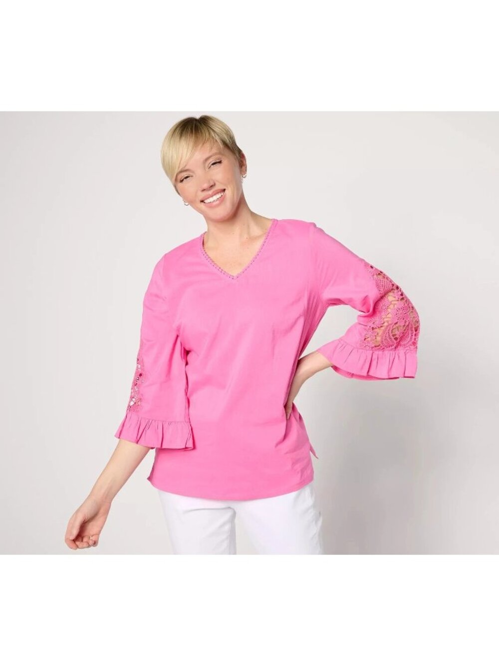 Belle by Kim Gravel Top sz XL Cut to the Lace Ruffle Sleeve Woven Pink A643716